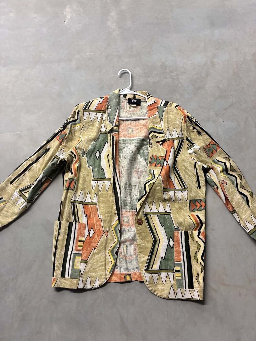 Tofg Vintage 90s Abstract Geometric Print Linen Blend Blazer Jacket Size 16